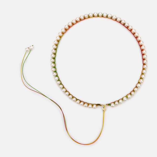 Embroidered star gold colored "essence" necklace with white freshwater pearls 5.5-6mm with rainbow cord
