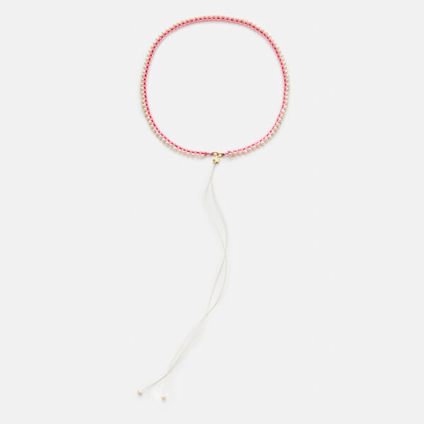 Embroidered star gold colored "pulse" necklace with white freshwater pearls 3.5-4.5mm with red and pink cord