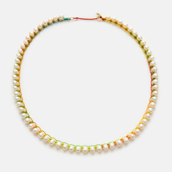 Embroidered moon gold colored "essence" necklace with white freshwater pearls 5.5-6mm with rainbow cord