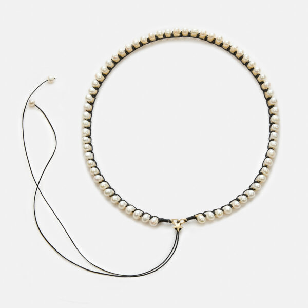 Embroidered star gold colored "frame" necklace with white freshwater pearls 5.5-6mm with beige and black cord