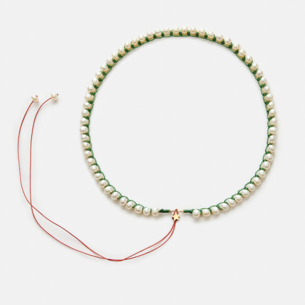 Embroidered star gold colored "growth" necklace with white freshwater pearls 5.5-6mm in green and coral cord