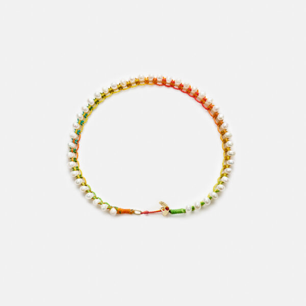 Embroidered moon gold colored "essence" anklet with white freshwater pearls 3.5-4.5mm with rainbow cord