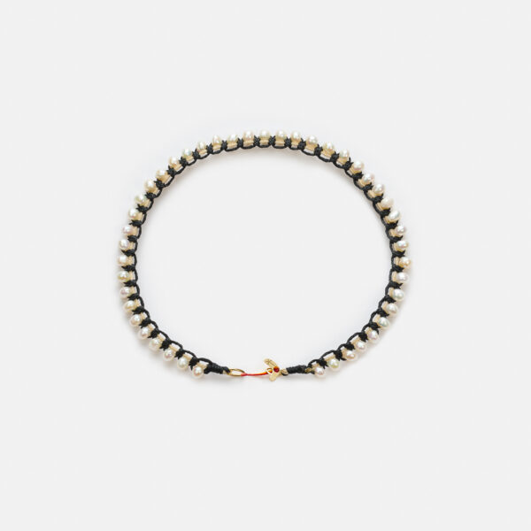 Embroidered moon gold colored "frame" anklet with white freshwater pearls 3.5-4.5mm with beige and black cord