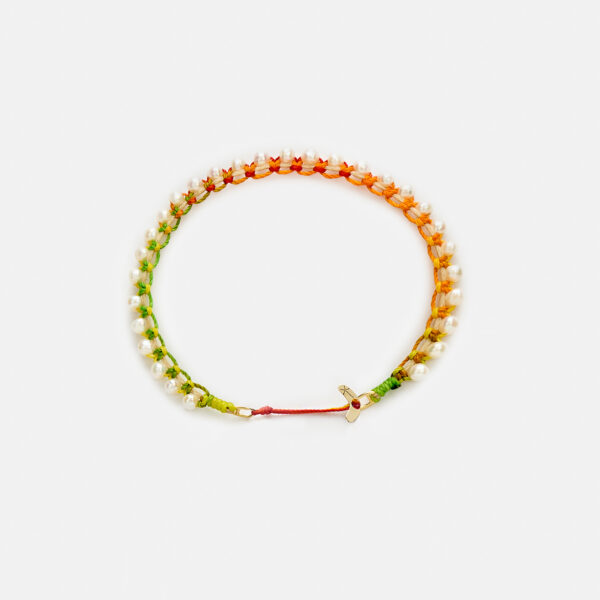 Embroidered moon gold colored "essence" bracelet with white freshwater pearls 3.5-4.5mm with rainbow cord