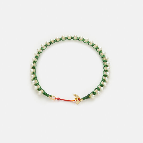 Embroidered moon gold colored "growth" bracelet with white freshwater pearls 3.5-4.5mm in green and coral cord