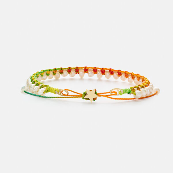Embroidered star gold colored "essence" bracelet with white freshwater pearls 3.5-4.5mm with rainbow cord