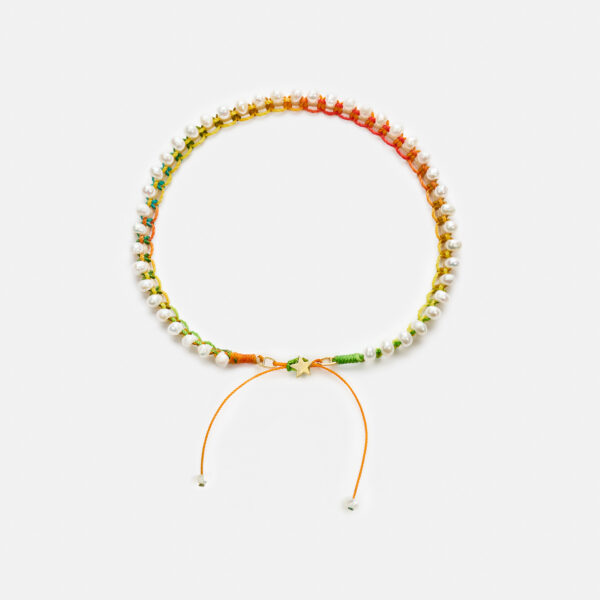 Embroidered star gold colored "essence" anklet with white freshwater pearls 3.5-4.5mm with rainbow cord