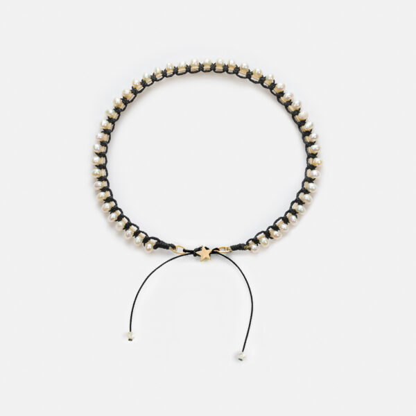 Embroidered star gold colored "frame" anklet with white freshwater pearls 3.5-4.5mm with beige and black cord