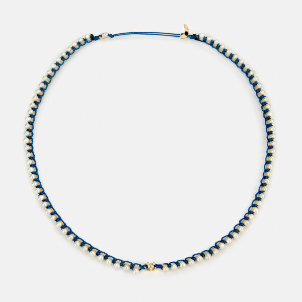 Embroidered Gold 9k “mount v” Necklace With White Diamonds 0,06CTS And Pearls 3,5-4,5mm with blue cord