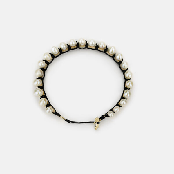 Embroidered moon gold colored "frame" bracelet with white freshwater pearls 5.5-6mm with beige and black cord