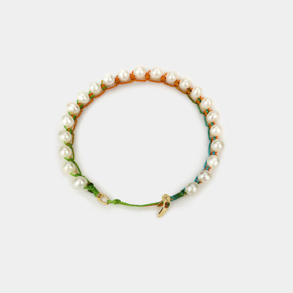 Embroidered moon gold colored "essence" bracelet with white freshwater pearls 5.5-6mm with rainbow cord