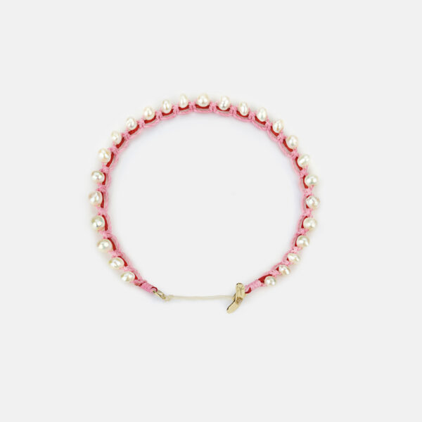 Embroidered moon gold colored "pulse" bracelet with white freshwater pearls 3.5-4.5mm with red and pink cord