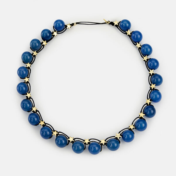 Embroidered stars gold colored "blue moon" necklace with blue agate
