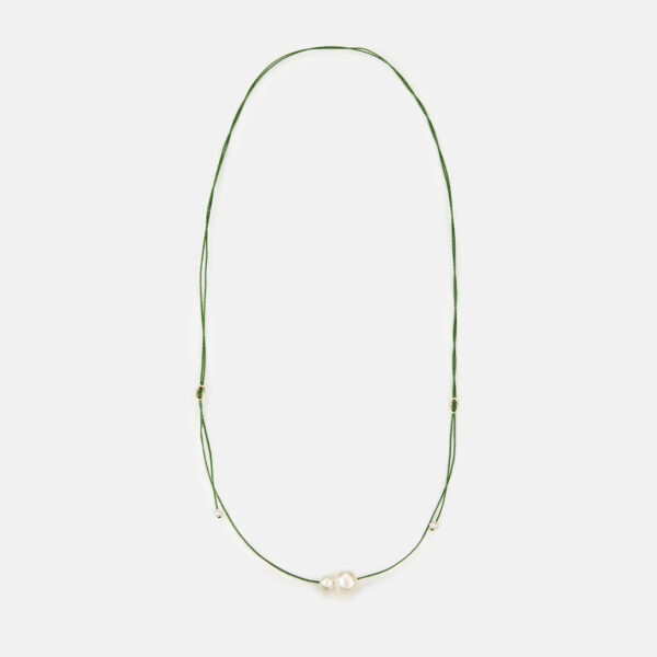 Silver 925 “duoluce” Necklace With White Pearls 5,5-6mm and 8-8,5mm with green cord