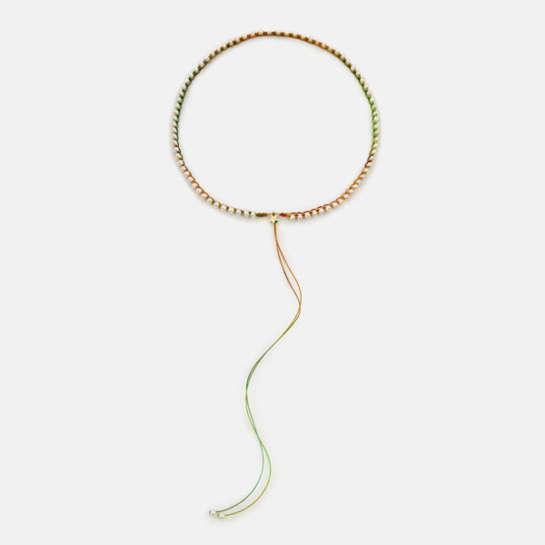 Embroidered star gold colored "essence" necklace with white freshwater pearls 3.5-4.5mm with rainbow cord