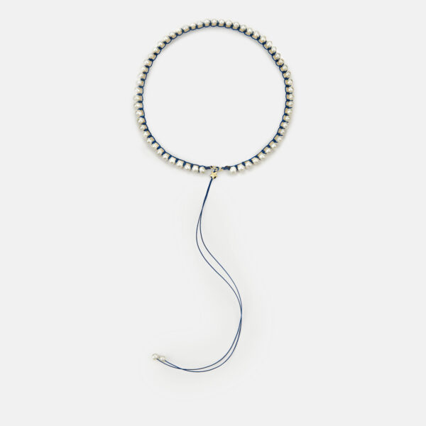 Embroidered star gold colored "ocean" necklace with white freshwater pearls 5.5-6mm with beige and ocean blue cord
