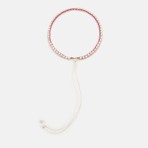 Embroidered star gold colored "pulse" necklace with white freshwater pearls 5.5-6mm with red and pink cord