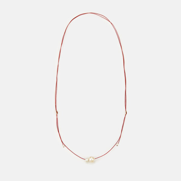Silver 925 “duoluce” Necklace With White Pearls 5,5-6mm and 8-8,5mm with red cord