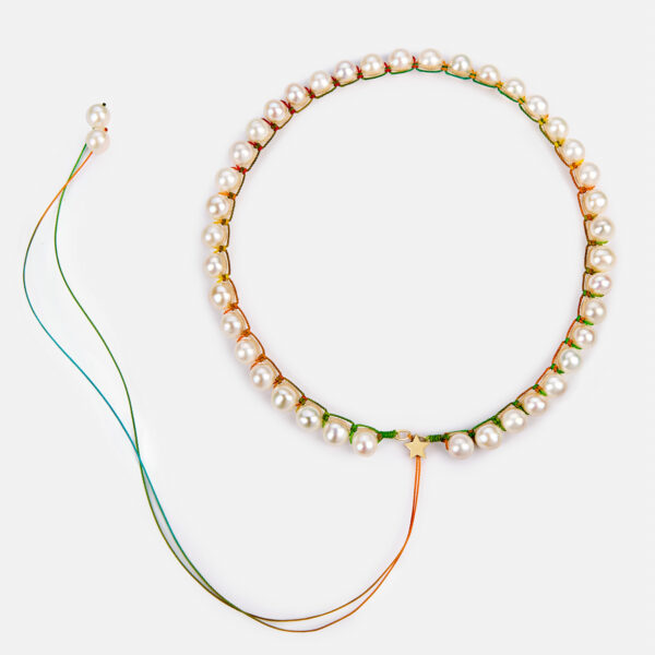 Embroidered large star gold colored "essence" necklace with white freshwater pearls 8-8.5mm with rainbow cord