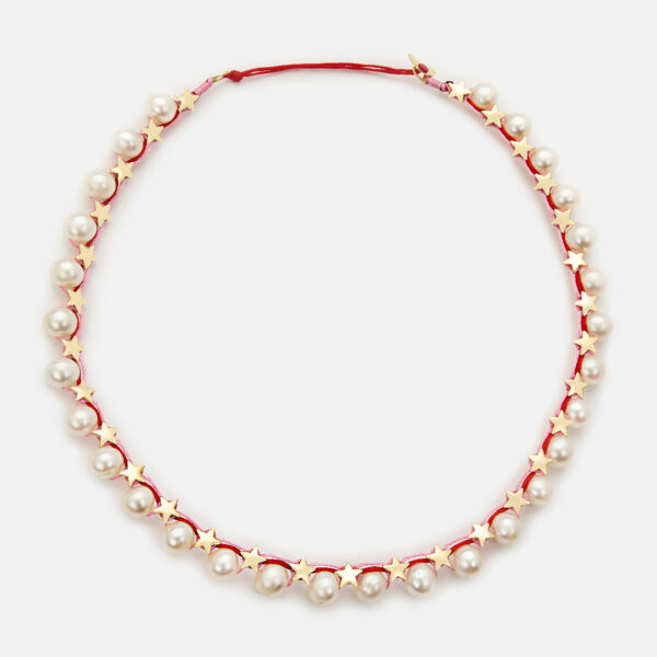 Embroidered 30 stars gold colored "sofia" necklace with white freshwater pearls 8-8.5mm with red and pink cord