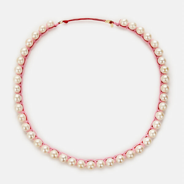 Embroidered moon gold colored "pulse" necklace with white freshwater pearls 8-8.5mm with red and pink cord