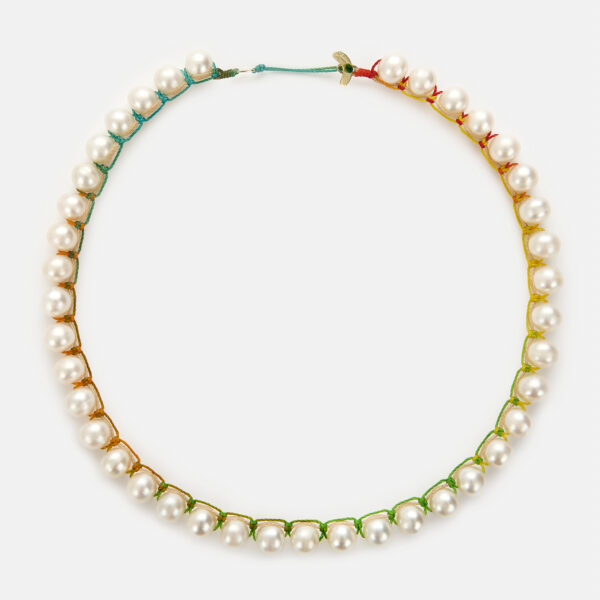 Embroidered moon gold colored "essence" necklace with white freshwater pearls 8-8.5mm with rainbow cord