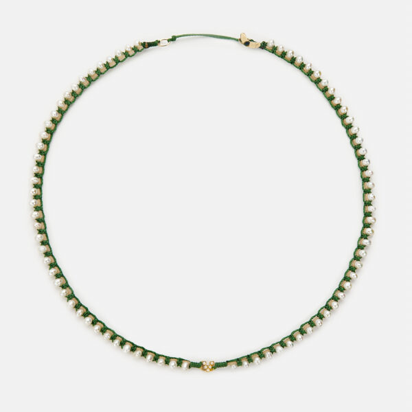 Embroidered Gold 9k “mount v” Necklace With White Diamonds 0,06CTS And Pearls 3,5-4,5mm with green cord