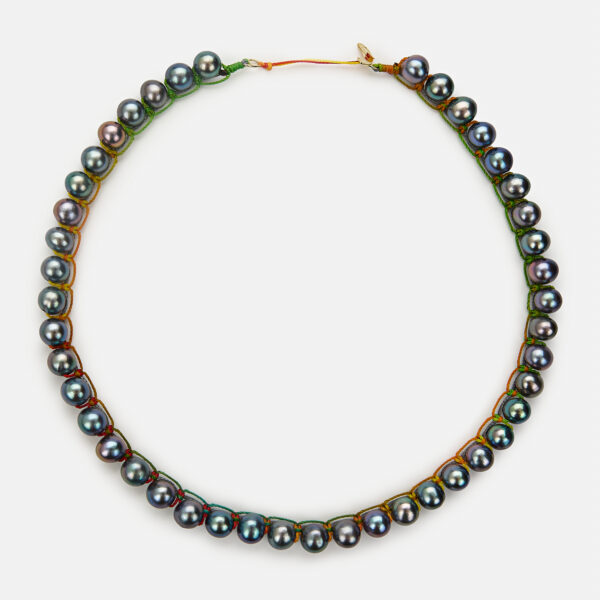 Embroidered moon gold colored "echo" necklace with grey freshwater pearls 7-7.5mm with grey and rainbow cord