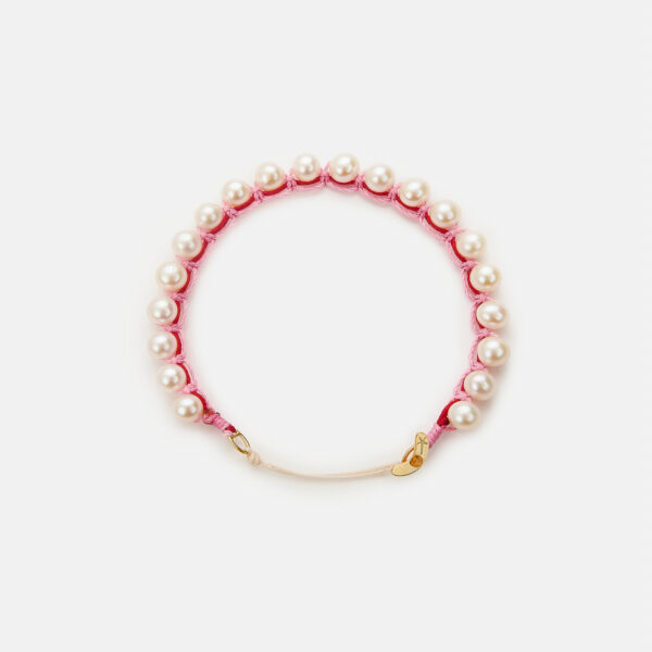 Embroidered moon gold colored "pulse" bracelet with white freshwater pearls 5.5-6mm with red and pink cord