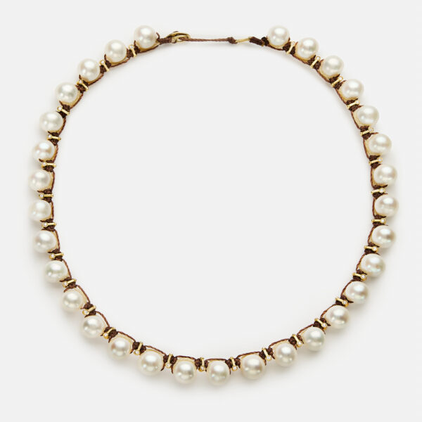Embroidered moon gold colored "root" necklace with white freshwater pearls 8-8.5mm and zircon
