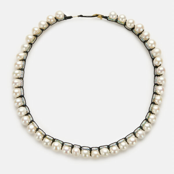 Special Edition!  Embroidered moon gold colored "stardust" necklace with white freshwater pearls 8-8.5mm with rainbow sparkly and black cord