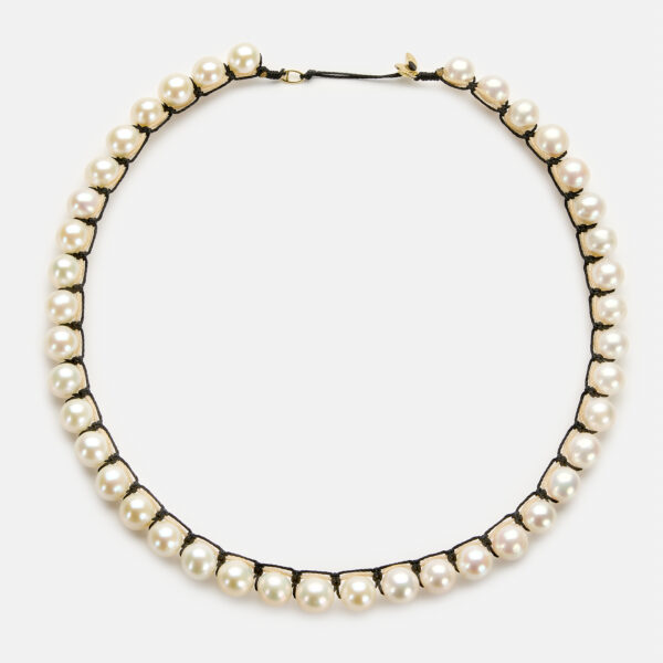 Embroidered moon gold colored "frame" necklace with white freshwater pearls 8-8.5mm with beige and black cord