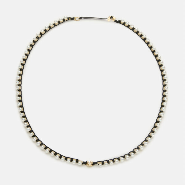 Embroidered Gold 9k “mount v” Necklace With White Diamonds 0,06CTS And Pearls 3,5-4,5mm with black cord