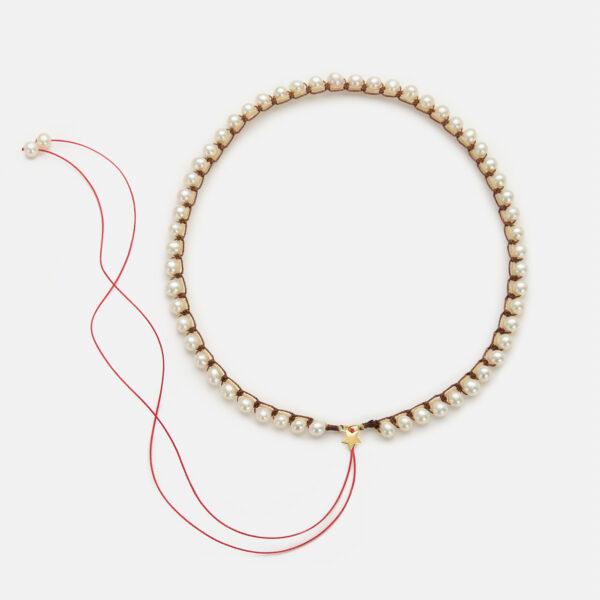 Embroidered star gold colored "attraction" necklace with white freshwater pearls 5.5-6mm with beige and brown cord