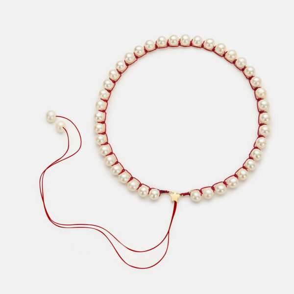 Embroidered large star gold colored "heartbeat" necklace with white freshwater pearls 8-8.5mm with beige and dark red cord