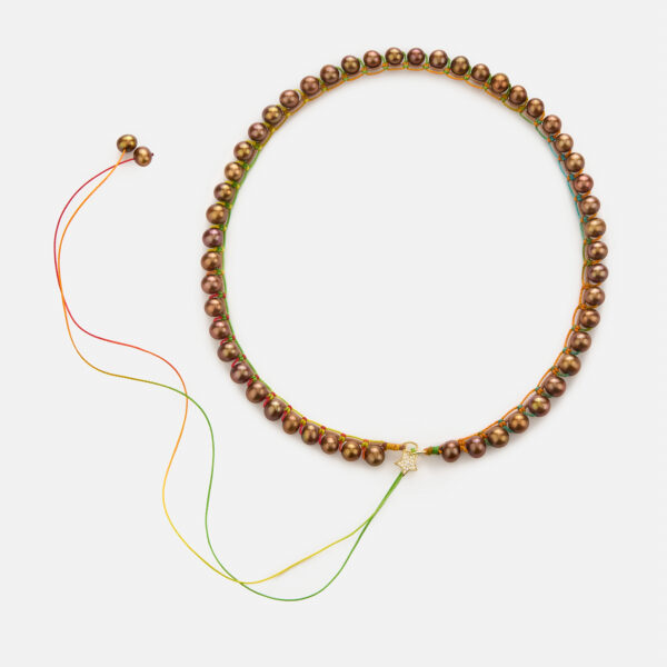 Limited Edition!  Embroidered superstar gold colored "truth" necklace with chocolate freshwater pearls 6-6.5mm with light brown and rainbow cord