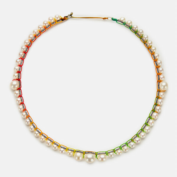Embroidered moon white colored "dream" necklace with white freshwater pearls 5.5-6, 8-8.5 and 9-9.5mm with black sparkly and rainbow cord