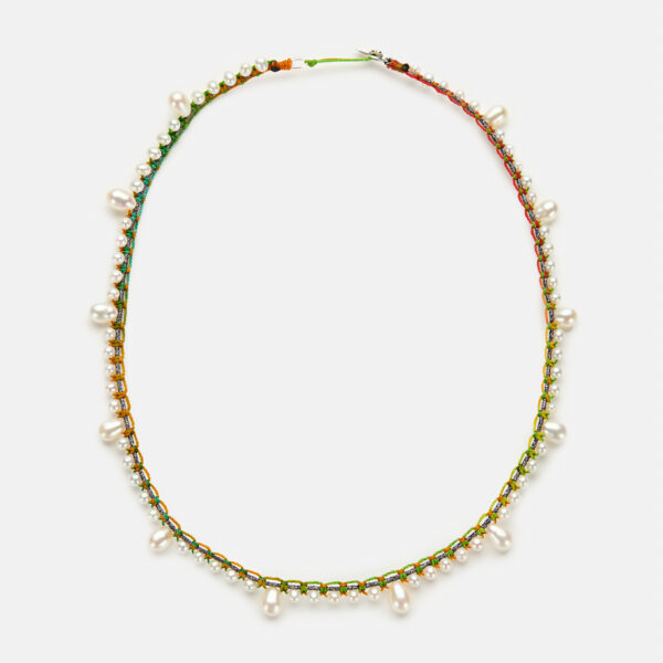 Special Edition!  Embroidered moon white colored "euphoria" necklace with white freshwater pearls 3.5-4.5mm and drop pearls with black sparkly and rainbow cord