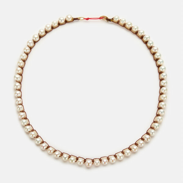 Embroidered moon gold colored "attraction" necklace with white freshwater pearls 5.5-6mm with beige and brown cord