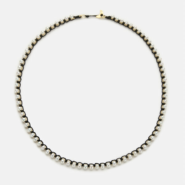 Embroidered moon gold colored "frame" necklace with white freshwater pearls 3.5-4.5mm with beige and black cord