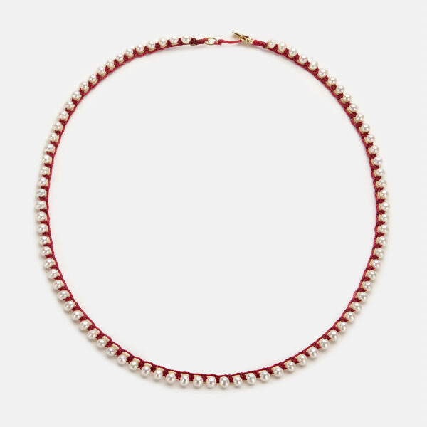 Embroidered moon gold colored "heartbeat" necklace with white freshwater pearls 3.5-4.5mm with beige and dark red cord