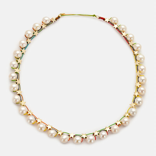 Special Edition!  Embroidered 30 stars gold colored "all of me" necklace with white freshwater pearls 8-8.5mm with black sparkly and rainbow cord