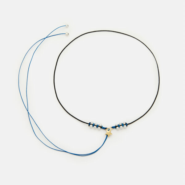Embroidered star gold colored "angel" necklace with white freshwater pearls 3.5-4.5mm with black and blue cord