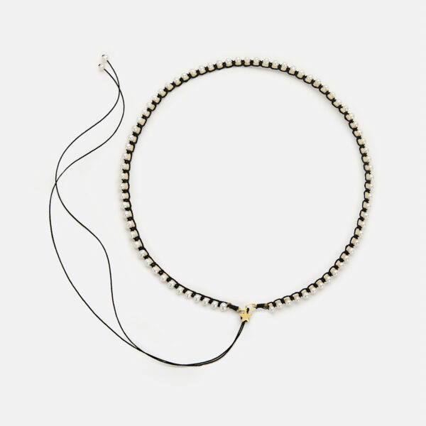 Embroidered star gold colored "frame" necklace with white freshwater pearls 3.5-4.5mm with beige and black cord