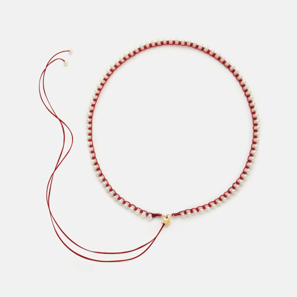 Embroidered star gold colored "heartbeat" necklace with white freshwater pearls 3.5-4.5mm with beige and dark red cord