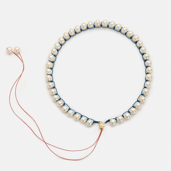 Embroidered large star gold colored "ocean" necklace with white freshwater pearls 8-8.5mm with ocean blue and coral cord