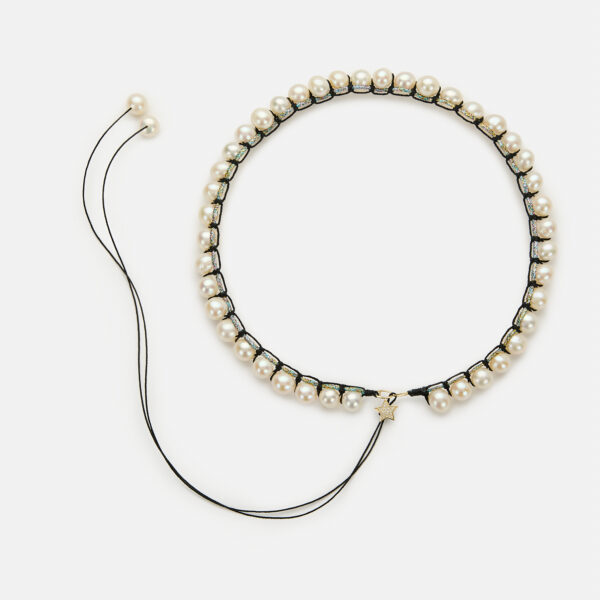 Special Edition!  Embroidered large superstar gold colored "stardust" necklace with white freshwater pearls 8-8.5mm with rainbow sparkly and black cord