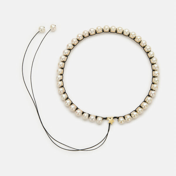 Embroidered large star gold colored "frame" necklace with white freshwater pearls 8-8.5mm with beige and black cord