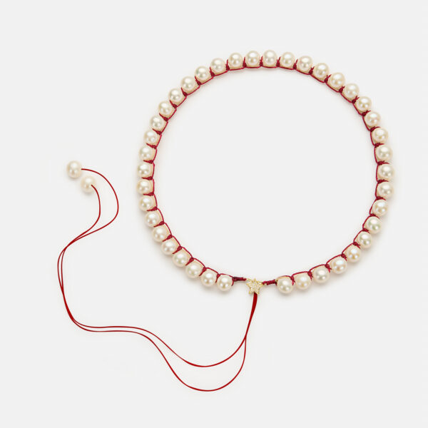 Embroidered large superstar gold colored "heartbeat" necklace with white freshwater pearls 8-8.5mm with beige and dark red cord