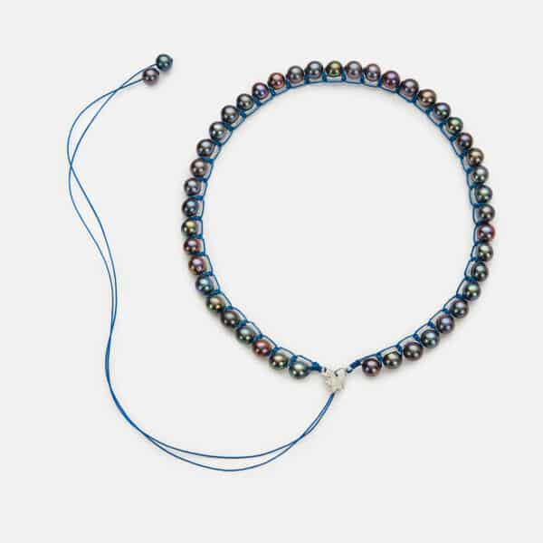 Special Edition! Embroidered large superstar white colored "galaxy muse" necklace with dark grey freshwater pearls 7-7.5mm with silver sparkly and ocean blue cord